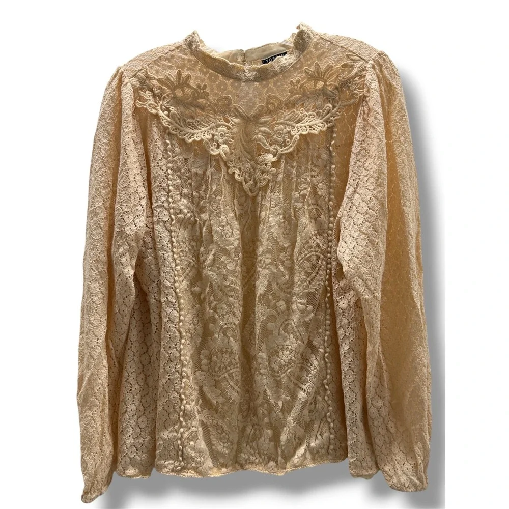 Torrid Mixed Lace High Neck Long Sleeve Blouse Beige Cream 2 2X Victorian - Picture 6 of 10